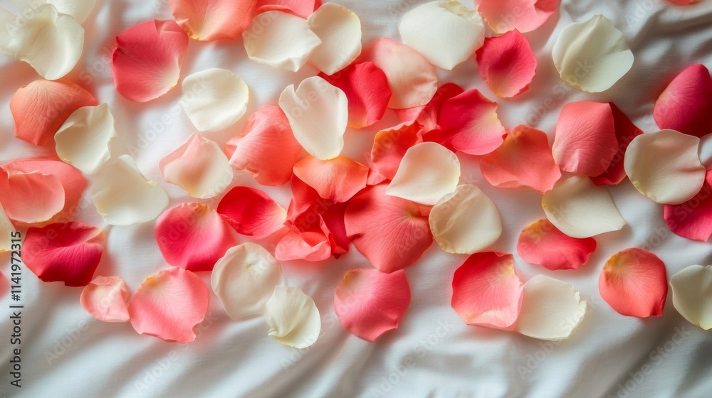 Delicate Rose Petals Scattered On White Fabric