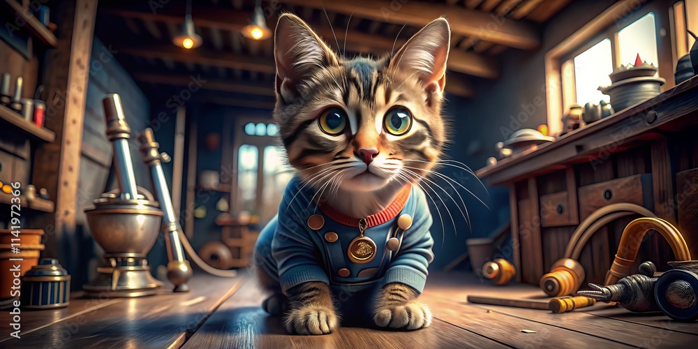 3D Render, Cute Cat Mechanic, Worm's Eye View, Funny Kitten, Grease Monkey, Adorable Feline, Cartoon Cat, 3D , Mechanic Outfit, Tools, Workshop 3D Render, Cute Cat Mechanic, Worm's Eye View, Funny Kitten, Grease Monkey, Adorable Feline, Cartoon Cat, 3D , Mechanic Outfit, Tools, Workshop
