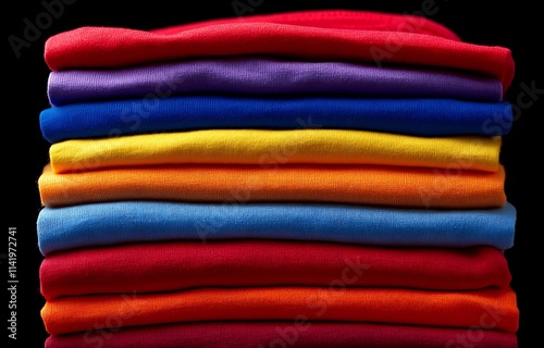 A neatly stacked pile of colorful shirts photo