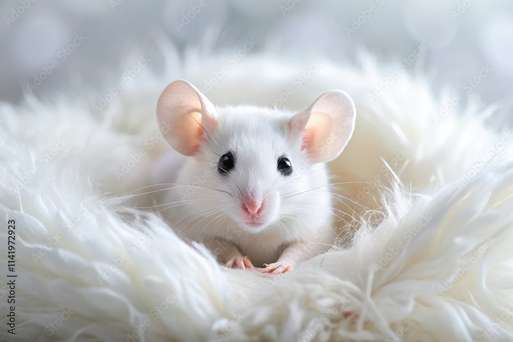 Obraz premium Adorable White Mouse Pillow Bird's Eye Cozy Scene - High Resolution Photo