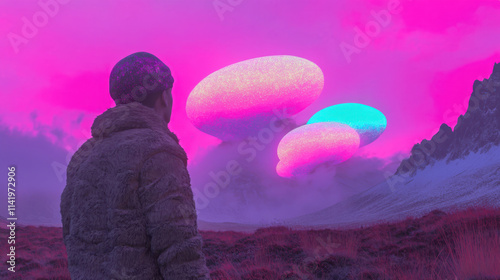 Fictional person wearing a coat and a hat watching exoplanets or UFOs, UAPs in a fantasy and sci-fi environment. Concept of the design trend Fantastic Frontiers, surreal and fantastical landscapes. photo