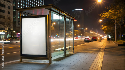 Blank advertisement board at bus stop at night