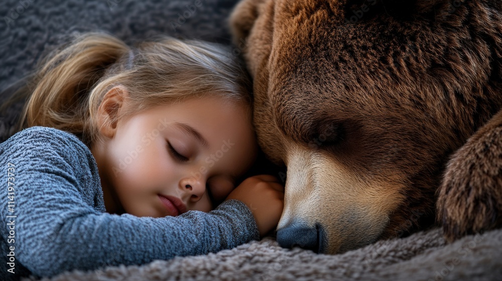 A heartwarming scene of a young girl peacefully sleeping next to a large bear, symbolizing innocence, trust, and the unique bond between humans and nature's creatures. A heartwarming scene of a young girl peacefully sleeping next to a large bear, symbolizing innocence, trust, and the unique bond between humans and nature's creatures.