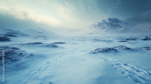 Vast snowy mountain landscape slowly fading distant photo wide shot. AI Generated