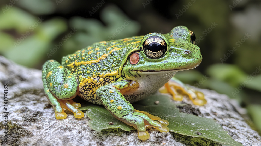 close up of vibrant green frog resting on leaf, showcasing its unique patterns and colors close up of vibrant green frog resting on leaf, showcasing its unique patterns and colors