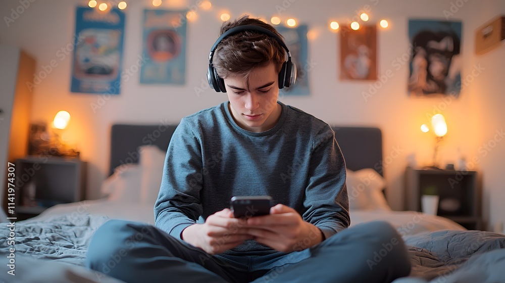 Young man with dark hair and headphones enjoying music on his smartphone in a cozy bedroom. Young man with dark hair and headphones enjoying music on his smartphone in a cozy bedroom.