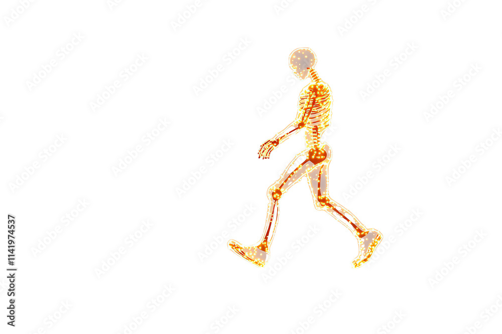 A skeletal figure is walking, showcasing the human anatomy in motion.