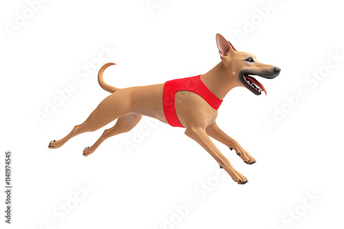 A lively dog in a red harness is captured mid-run, showcasing its playful energy and athleticism.