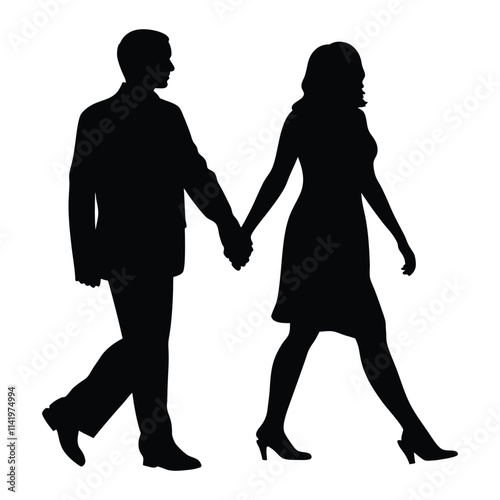 Couple holding hands while walking vector silhouette illustration