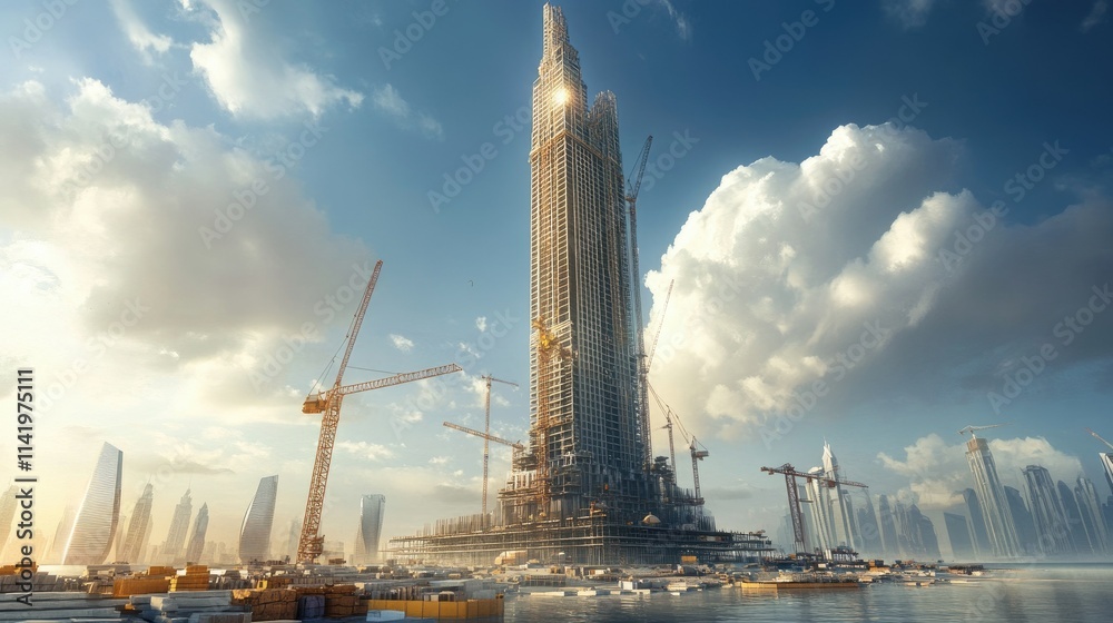 Fototapeta premium A partially built skyscraper surrounded by towering cranes and construction materials at the base