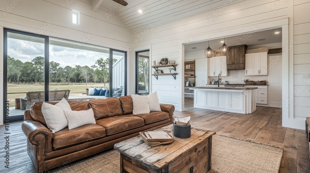 A modern farmhouse living room with a distressed leather sofa, shiplap walls, and rustic decor A modern farmhouse living room with a distressed leather sofa, shiplap walls, and rustic decor