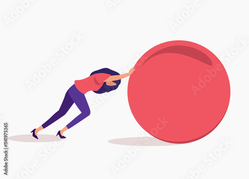 Side View Of A Strong Businesswoman Pushing Very Hard On A Huge Heavy Red Ball With All Her Strength.