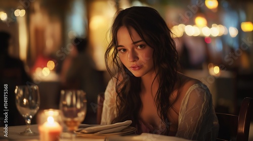 Beautiful girl sitting at restaurant table looking at someone