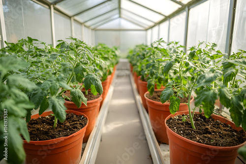 Wallpaper Mural Growing vibrant tomato plants in a sunlit greenhouse, nurturing nature's bounty in a tranquil indoor garden environment during a warm afternoon Torontodigital.ca