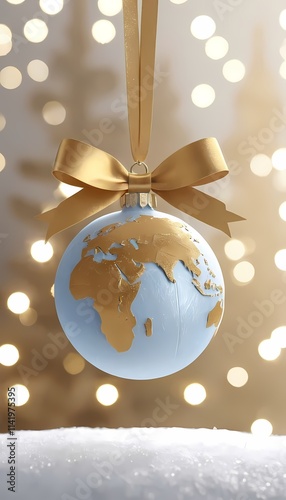 Christmas Globe Ornament with Snowflakes and Golden Ribbon photo