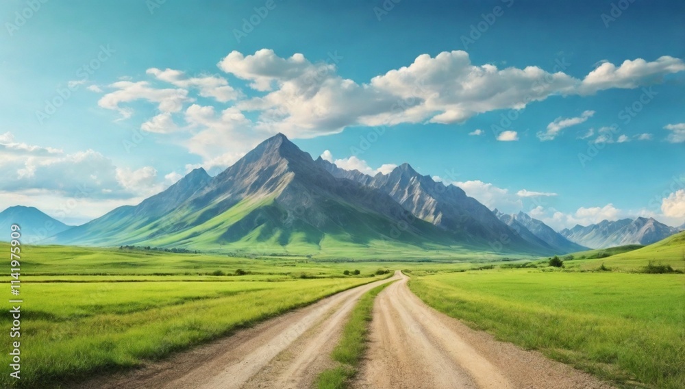 Fototapeta premium Countryside gravel road and green grassland with mountain nature landscape in summer. Road trip. 