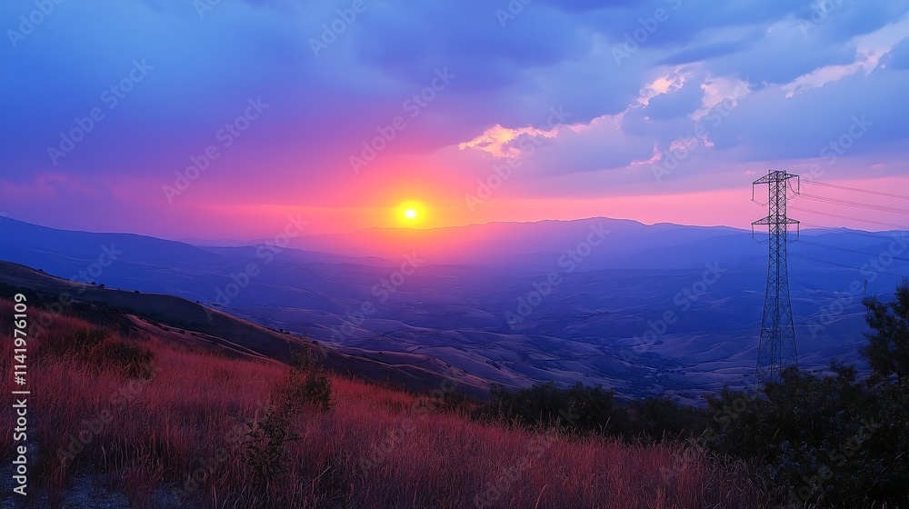 Fototapeta premium Sunset Over Hills: A mesmerizing sunset paints the sky with vibrant hues of pink, orange, and purple.