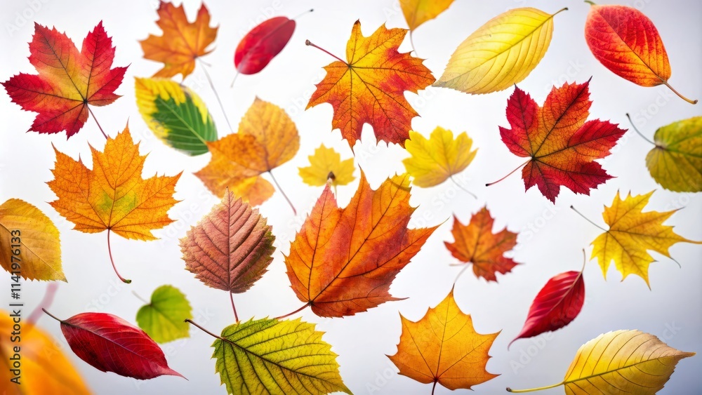 Obraz premium Autumn Leaves Floating, White Background, Medium Shot - Isolated Fall Foliage Photography