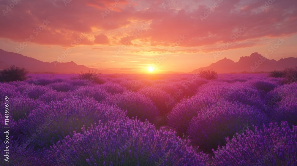 Sunset Over a Lavender Field in Rolling Hills