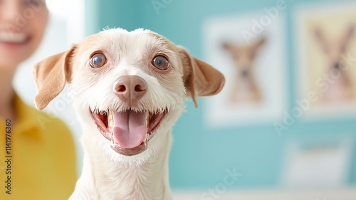 A joyful dog meeting a potential adopter in a brightly lit shelter lobby, with tail wagging and ears perked up