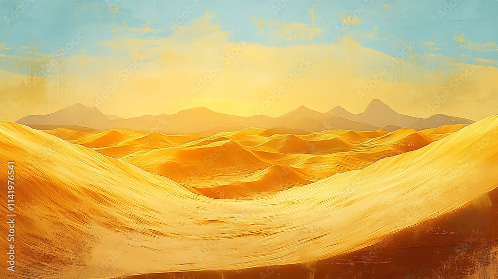 Naklejka premium Golden Hour Desert Landscape: A Digital Painting. AI Generated