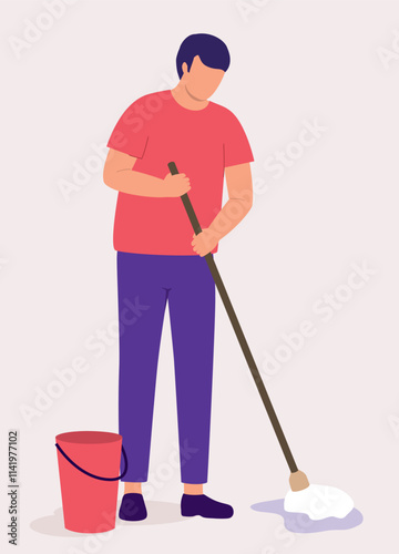 One Young Man Mopping The Wet Floor With Mop And A Bucket Of Water.