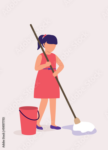 One Little Girl Mopping The Wet Floor With Mop And A Bucket Of Water.