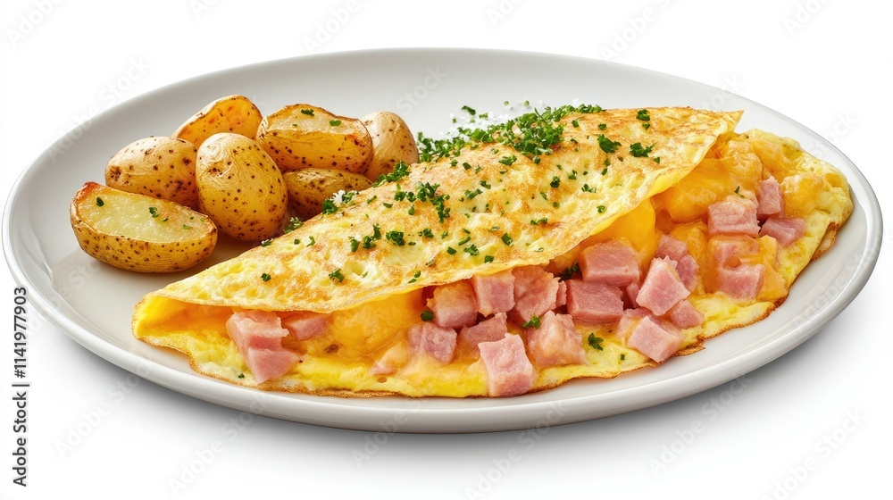 A savory omelet filled with diced ham and cheddar cheese, accompanied by a side of roasted potatoes A savory omelet filled with diced ham and cheddar cheese, accompanied by a side of roasted potatoes