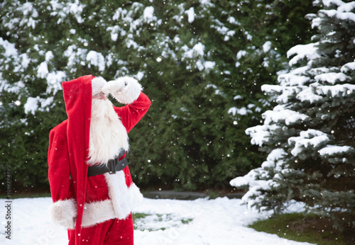 Santa Claus Porter in a red fur coat costume for the New Year and Christmas against the background of a snowy forest holds his hand to his forehead looking forward with space for text