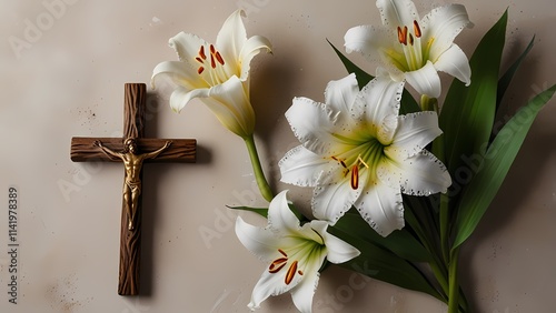 White blooming lilies with cross, easters concept. Easter, spring celebration background.	