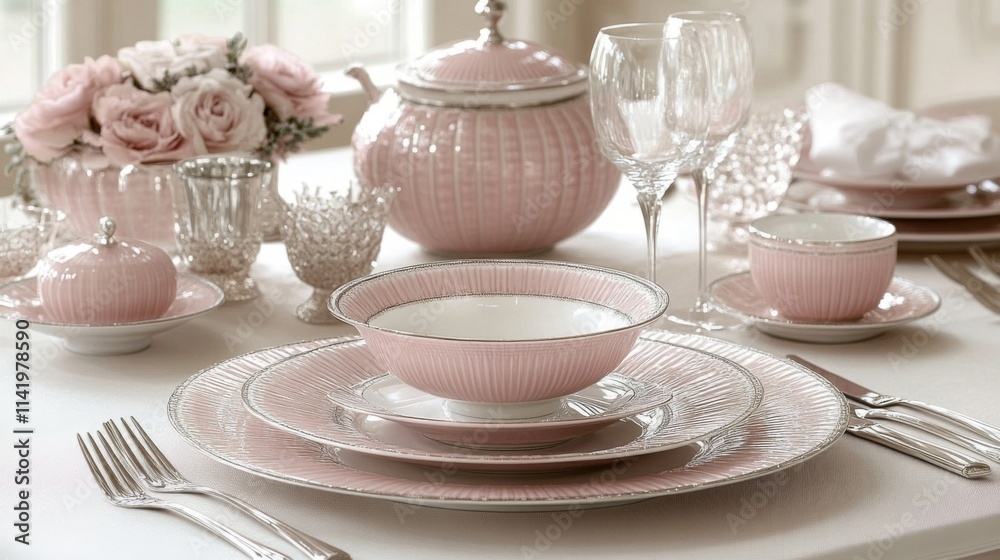 Elegant Pink Tea Set Table Setting With Roses Elegant Pink Tea Set Table Setting With Roses