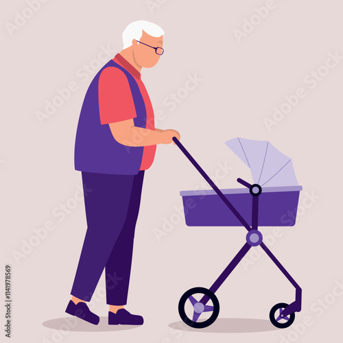 Side View Of An Elderly Man Walking While Pushing A Baby Stroller.
