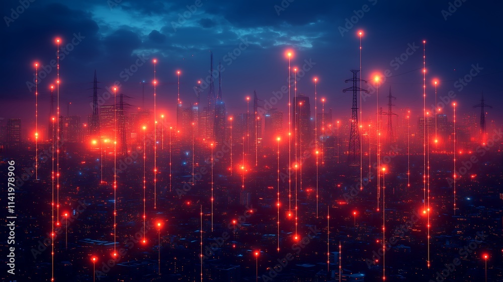 Fototapeta premium Cyberpunk Cityscape: Red Neon Rain. A futuristic city drenched in a digital downpour of red neon light streaks across the night sky, creating a captivating cyberpunk aesthetic. 