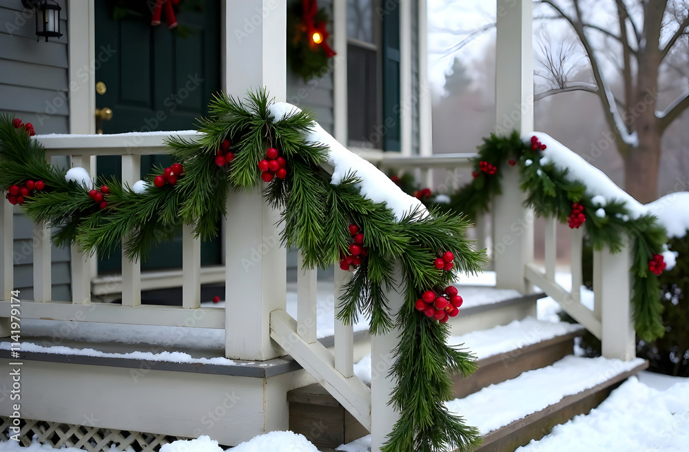 A charming winter porch featuring natural greenery and bright red berries elegantly wrapped along the banister. Ideal for Christmas branding or lifestyle photography. Selective focus A charming winter porch featuring natural greenery and bright red berries elegantly wrapped along the banister. Ideal for Christmas branding or lifestyle photography. Selective focus