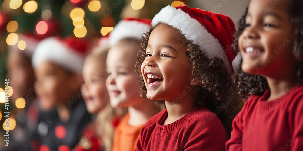 Cheerful children in red Santa hats enjoying Christmas performance. Cheerful children in red Santa hats enjoying Christmas performance.