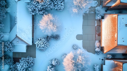 Home insulation plays a crucial role in energy efficiency. This aerial view captures a snow-covered neighborhood, highlighting serene winter beauty and well-maintained roofs.