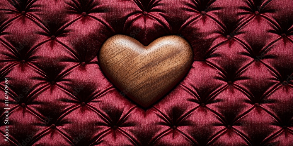 A wooden heart is centered on a plush, deep red fabric background, creating a warm and romantic vibe. A wooden heart is centered on a plush, deep red fabric background, creating a warm and romantic vibe.