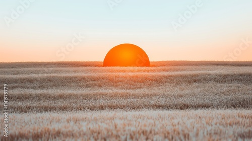 Sun Sets on the Prairie: A breathtaking sunset paints the sky with fiery hues as the sun dips below the horizon, casting a golden glow across the vast, rolling prairie landscape. photo