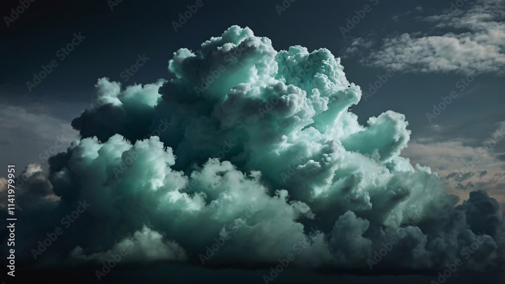 Mint-Hued Cloud in Smoky Cotton Form with Light Play on Dark Background Mint-Hued Cloud in Smoky Cotton Form with Light Play on Dark Background