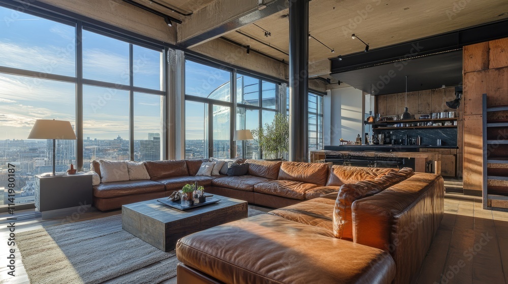 Fototapeta premium A spacious loft with an oversized brown leather sofa, floor lamps, and a view of an urban skyline through large windows