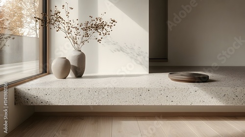 Home insulation is essential for energy efficiency. This serene interior showcases a minimalist design with natural textures and warm tones, creating a tranquil atmosphere.