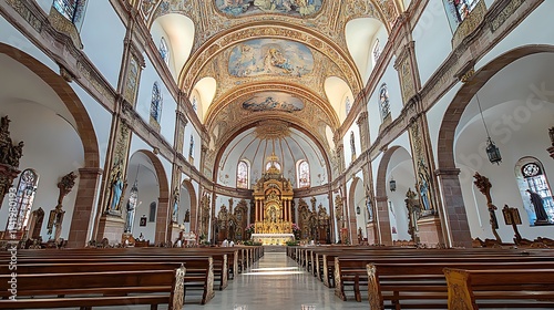 Ornate church interior wide shot photo with high ceilings and long wooden pews. AI Generated