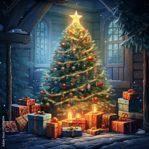 Illustration of a Christmas tree with lights and presents. A warmly lit Christmas tree is surrounded by colorful wrapped gifts in a cozy room with a winter view through the window.