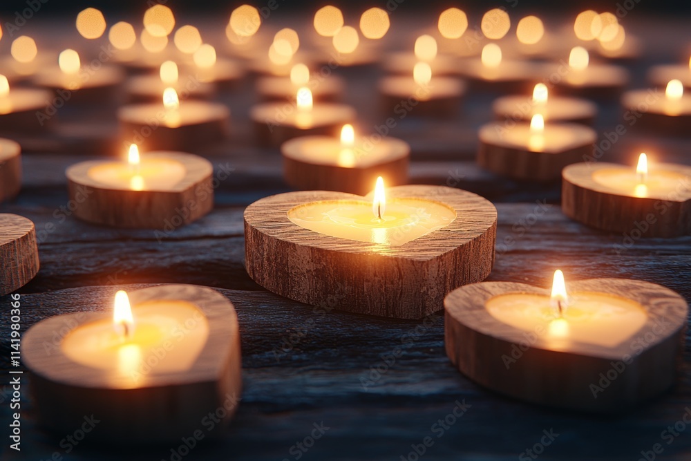 A serene arrangement of heart-shaped candles glowing softly on a wooden surface, creating a romantic and warm atmosphere. A serene arrangement of heart-shaped candles glowing softly on a wooden surface, creating a romantic and warm atmosphere.