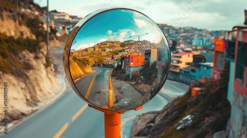 A spherical road mirror at an intersection in a hilly area, reflecting steep roads and colorful homes photo