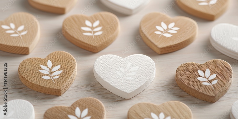 A collection of wooden heart-shaped tokens featuring intricate leaf designs, arranged in a pleasing pattern on a light background. A collection of wooden heart-shaped tokens featuring intricate leaf designs, arranged in a pleasing pattern on a light background.