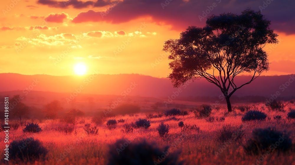 Fototapeta premium Vibrant Sunset Landscape: Lone Tree in a Desert Plain at Dusk. AI Generated