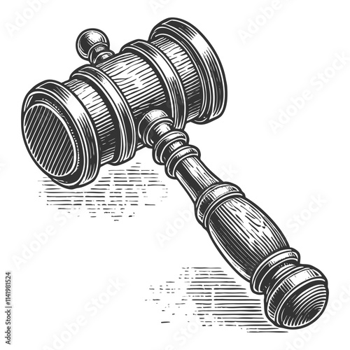 wooden gavel with ornate carvings, surrounded by decorative flourishes and radiant lines sketch engraving generative ai vector illustration. Scratch board imitation. Black and white image.