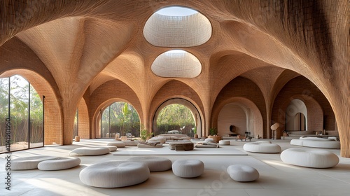 Home insulation plays a crucial role in energy efficiency, showcased here in a beautifully designed space with organic shapes and natural light flooding through the arched architecture.