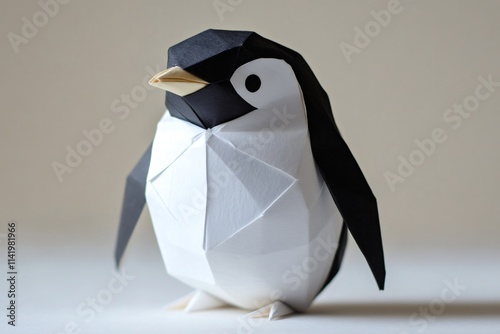 Low angle view of a charming origami penguin crafted with black and white paper, standing on a white surface photo